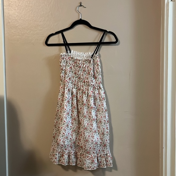 White Pink Floral Print Convertible Spaghetti Strap Shirring Ruffle Design XS-S - Picture 6 of 9